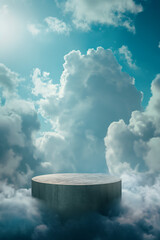 Stone podium for display product surrounded by clouds and sky. Background for cosmetic product branding, identity and packaging.  Product placement mockup design background. 