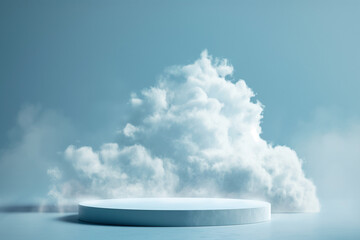 Stone podium for display product surrounded by clouds and sky. Background for cosmetic product branding, identity and packaging.  Product placement mockup design background. 
