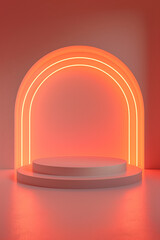 Round podium for display product. Pink background with neon light for cosmetic product branding, identity and packaging.  Product placement mockup design background. 