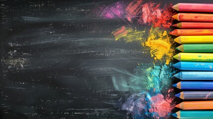 Colorful image of an array of rainbow-colored pencils on a black board with vibrant chalk smudges. - Powered by Adobe