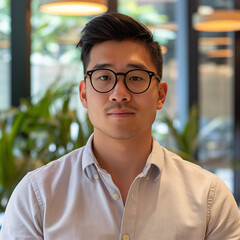 Portrait of a person in glasses. An employee or freelancer wearing a shirt and glasses looks confidently at the camera
