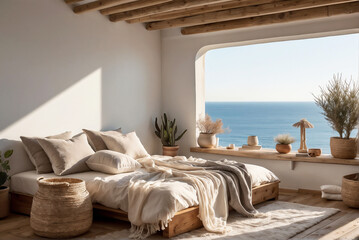 Sunny Mediterranean Bedroom with Sea View and Minimalist Decor.