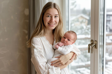 Pretty caucasian woman holding a newborn baby in her arms near big window. AI generated