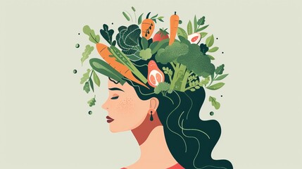 Graphic of a woman with her brain composed of fresh vegetables, highlighting dietary impact on mental health