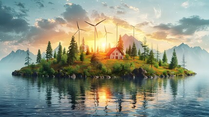 Renewable Energy Powered Idyllic Island Sanctuary in Calm Lake Sunset Landscape with Windmills and Mountains