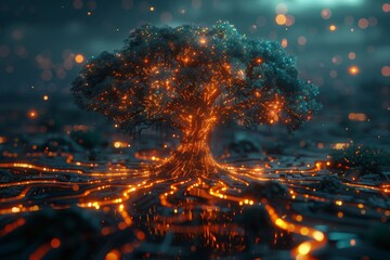 Glowing circuitry tree with luminous particles against a dark backdrop, symbolizing technology merging with nature