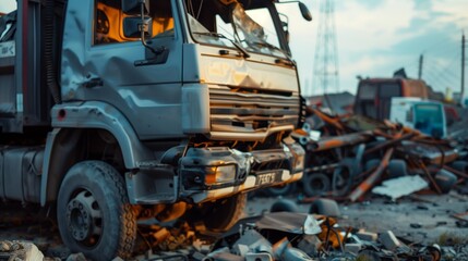 Fototapeta premium Damaged truck at a scrapyard with debris and crushed parts scattered around.