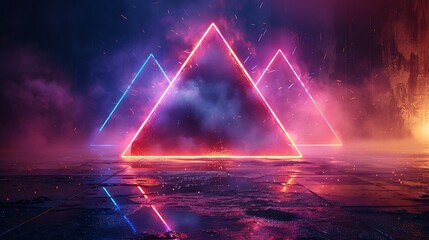 Produce a digital graphic that combines elements of retro and modern styles, with triangles outlined in neon purple and blue set against a dark.