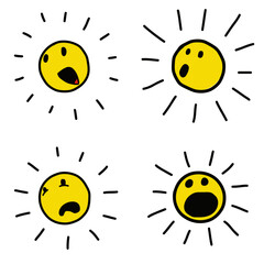 Cartoon happy sun with shouting, surprised, amazed, awe, scared, shocked and afraid expression. Vector for kids, children, drawing book, cheerful, yellow emoji or emoticon illustration.

