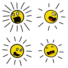 Cartoon happy sun with shocked, surprised, terrified, afraid, fear, and yell out scream expression. Vector for kids, children, drawing book, cheerful, yellow emoji or emoticon illustration.
