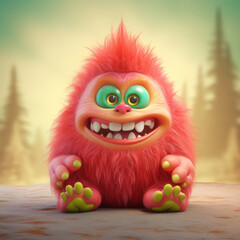 Naklejka premium An adorable 3D cartoon model of a small monster with fluffy fur, a red nose, and small teeth is smiling with a friendly and innocent face.