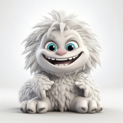 Obraz premium An adorable 3D cartoon model of a small monster with fluffy fur, a red nose, and small teeth is smiling with a friendly and innocent face.