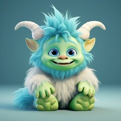 Fototapeta premium An adorable 3D cartoon model of a small monster with fluffy fur, a red nose, and small teeth is smiling with a friendly and innocent face.