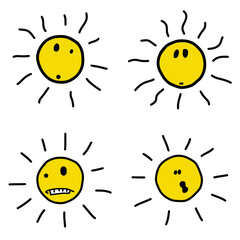 Cartoon happy sun with confused, amazed, unbelievable, wondering and thinking expression. Vector for kids, children, drawing book, cheerful, yellow emoji or emoticon illustration.
