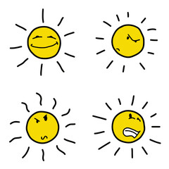 Cartoon happy sun showing smirky, suspicious, resentful and distasteful emotion. Vector for kids, children, drawing book, cheerful, yellow emoji or emoticon illustration.
