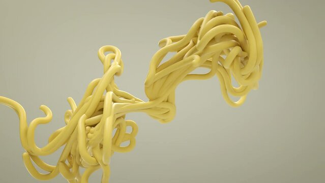 Spaghetti noodles twist and tangle, 3D animation of multiple spaghetti noodles floating in the air, tangling and twirling.