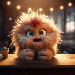 Obraz premium An adorable 3D cartoon model of a small monster with fluffy fur, a red nose, and small teeth is smiling with a friendly and innocent face.