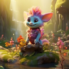 An adorable 3D cartoon model of a small monster with fluffy fur, a red nose, and small teeth is smiling with a friendly and innocent face.