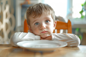 A little boy with a pouting face sitting at the dining table, empty plate in front him. AI generated