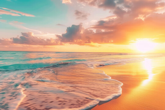Immerse yourself in the tranquil beauty of a tropical beach sunset with this panoramic seascape landscape, evoking the essence of a serene summer vacation destination.