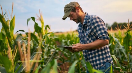 Naklejka na ściany i meble A modern farmer in a corn field using a digital tablet to review harvest and crop performance, ESG concept and application of technology in contemporary agriculture practices, generative ai