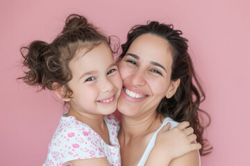 Portrait of a happy mother and little daughter on a pink background. AI generated