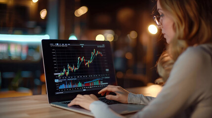 A woman sitting at her laptop, surrounded by stock market charts and graphs on the screen, focused...