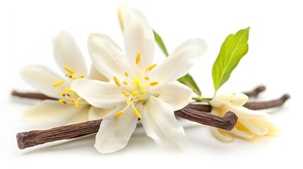 Fresh white flowers with yellow stamens closely arranged with dark vanilla pods and green leaves on a white background.