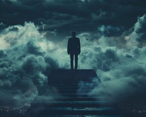 Solitary Figure Ascending Stormy Stairs Symbolizing Perseverance and Leadership in the Face of Challenges