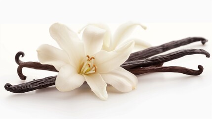 An elegant white lily flower and multiple dark vanilla pods on a light background.