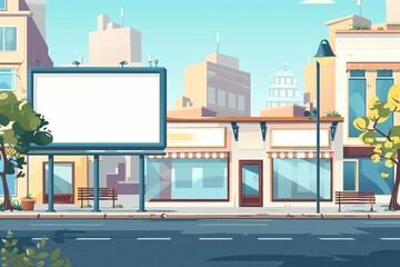Illustration of a blank sign layout for logo or text on a city store's outdoor advertising background