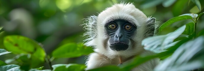 Fototapeta premium White Monkey Sitting Regally Amid Lush Green Foliage with Atmospheric Copy Space