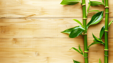 Green bamboo stalks with leaves on a light wooden background, top view for space.