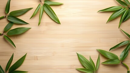 Fresh green bamboo leaves elegantly arranged on a light wooden bamboo surface with ample copy space.