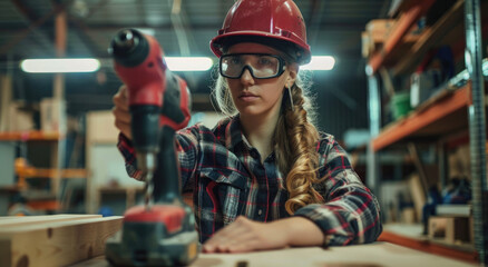 Female carpenter using drill on wood in workshop, woman working with power tool at factory or studio, female worker wearing hard hat and workwear for safety while doing wooden furniture production