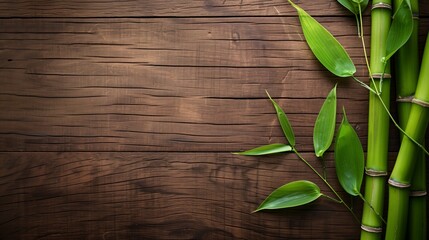 Dark wooden background with several bamboo stalks and scattered green leaves.