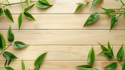Lush green bamboo leaves organized neatly over a light wooden background with ample copy space.
