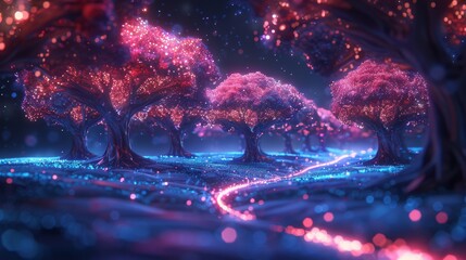 Enchanted grove with radiant pink trees and bioluminescent ground under a mystic nebulous sky, Concept of fantasy realms and digital wonderlands