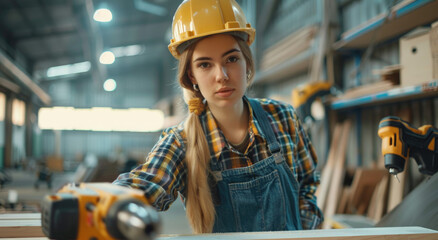 Female carpenter using drill on wood in workshop, woman working with power tool at factory or studio, female worker wearing hard hat and workwear for safety while doing wooden furniture production