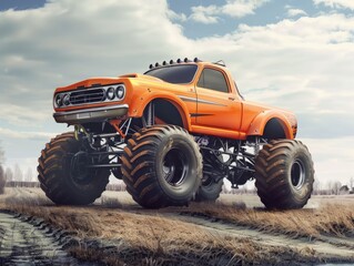 Orange car with huge wheels, monster truck 