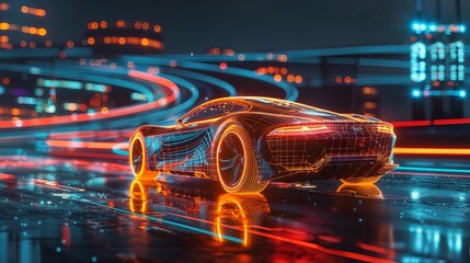 3D illustration showcasing a futuristic car technology concept with wireframe intersection, highlighting innovative design.
