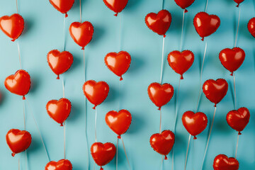 Red heart shaped balloons hanging on strings against blue background for romantic celebration or love theme concept