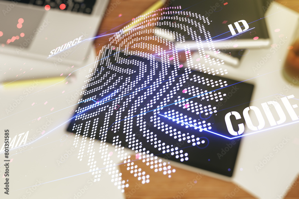 Poster multi exposure of abstract creative fingerprint illustration and modern digital tablet on background