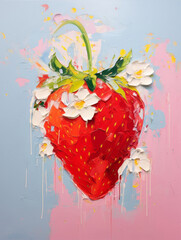 Fresh ripe strawberry impasto oil painting on blue background. Acryl illustration. Berries organic concept. 