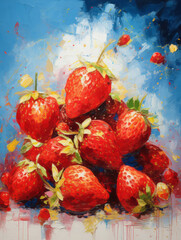 Fresh ripe strawberries impasto oil painting on blue background. Acryl illustration. Berries organic concept. 