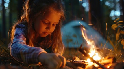 A young girl sits by the fire, her nose glowing in the electric blue light. The flickering flames cast shadows on her eyelashes, creating an artful scene of warmth and comfort AIG50