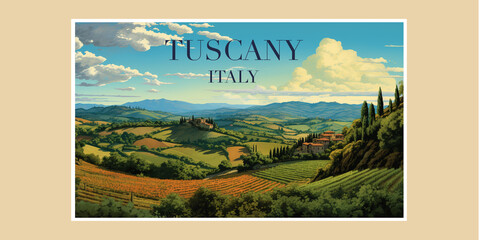 Landscape in Tuscany Italy with fields and trees in the background. AI generation illustration, greeting card.