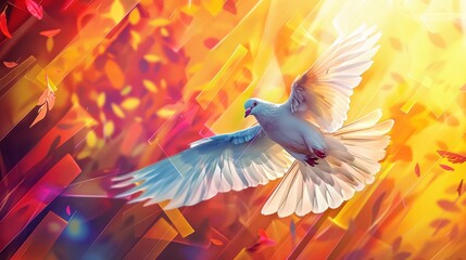 Obraz premium Vibrant and colorful religious background perfect for social media posts. Peaceful Holy dove, cross, and other symbolic elements of Christianity, artistically rendered to inspire faith and devotion.