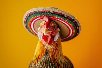 a cute chicken cockrel dressed in mexican sombrero hat and clothing studio shot