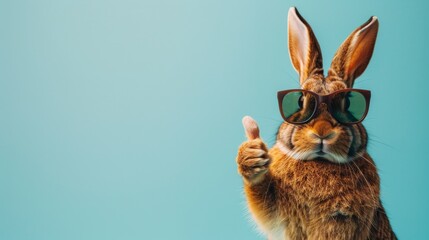 Cool easter bunny with sunglasses giving thumbs up on pastel background, ideal for text placement